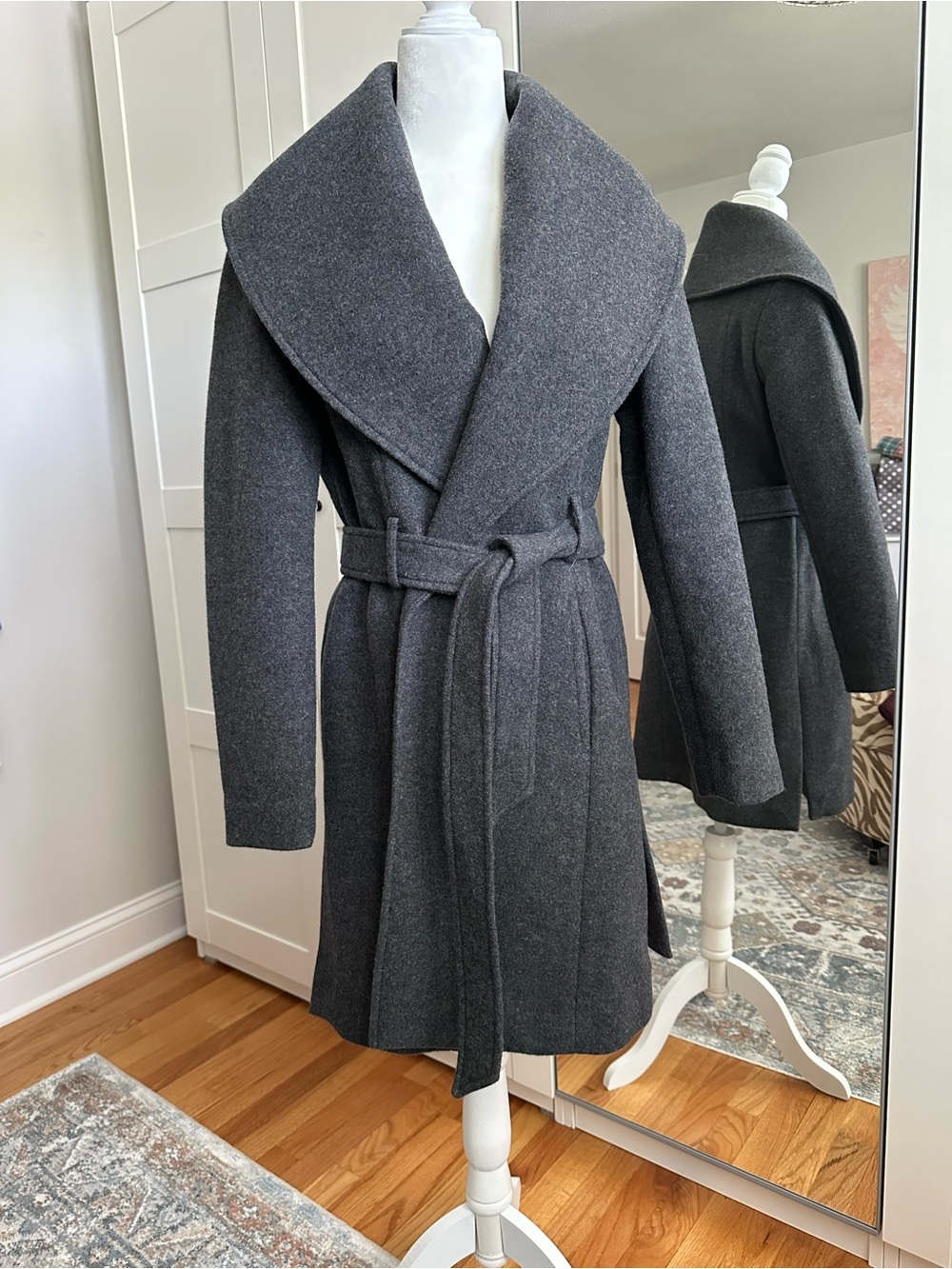 bebe Charcoal Gray Belted Shawl-Collar Trench Coat